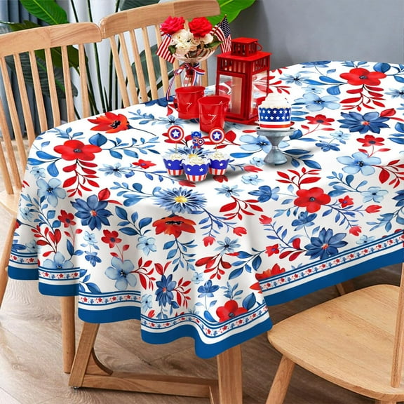 Oval Tablecloth, 4th of July Tablecloth Oval 54 x 72 Patriotic Red White and Blue Fireworks for Independence Day, Memorial Day Veterans Day, Perfect for Kitchen Dinner