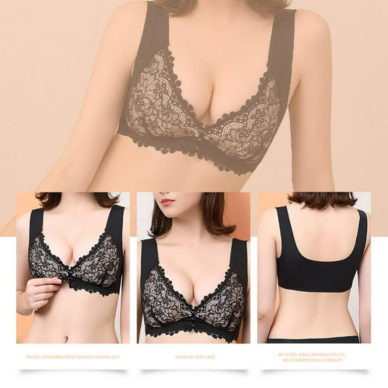 Clearance!Plus Size Women Lace Bra Front Closure Thin Cup Floral Lace Bra  Ruffled Trim Push up Bra Full Cup Lace Bras Ladies Bralette 