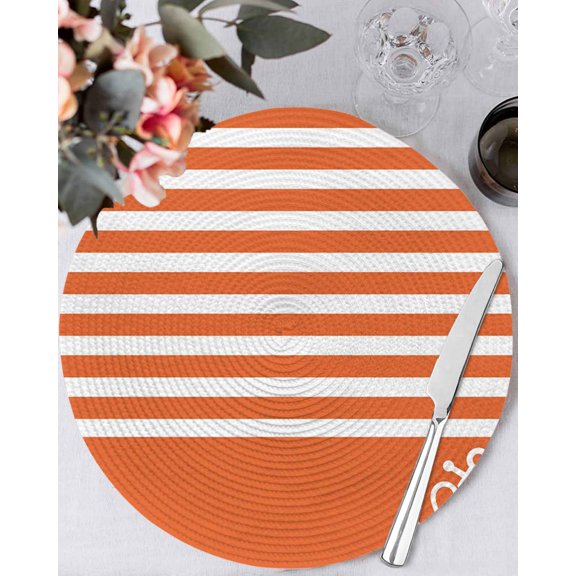 15 Inch Round Placemats Set of 6, Orange Anchor Non Slip Heat Insulation PP Table Mats, Modern Nautical White Geometric Stripes Washable Place Mats for Kitchen Dining Party Table Decor