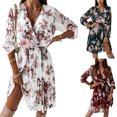 thumbnail image 4 of Sunloudy - Vestido de manga larga para mujer, estilo vintage, con estampado de flores, cuello en V, plisado, de longitud media, con cinturón Sunloudy S M L XL, 4 of 4