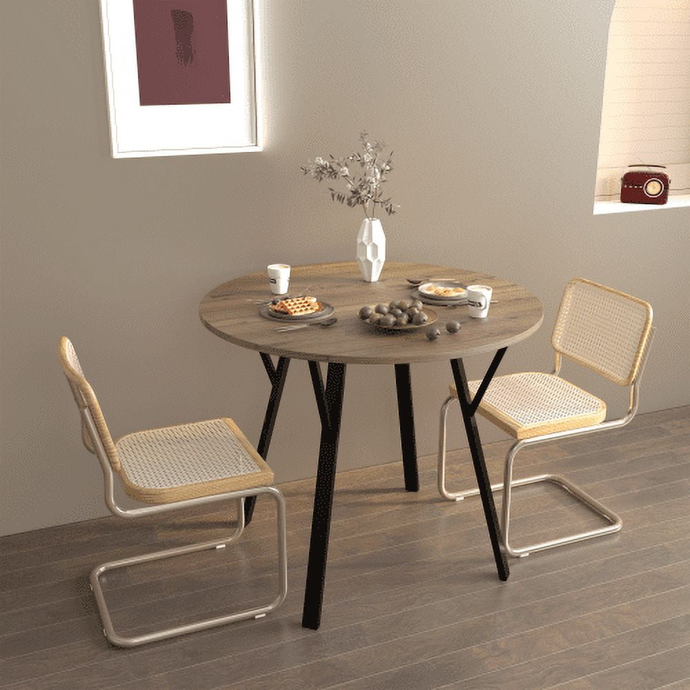 35 Inch Round Dining Table, Small Space Kitchen Table for 2-4 People, Modern Industrial Circle Table with Black Metal Legs & Brown MDF Top, Compact Dining Room Table