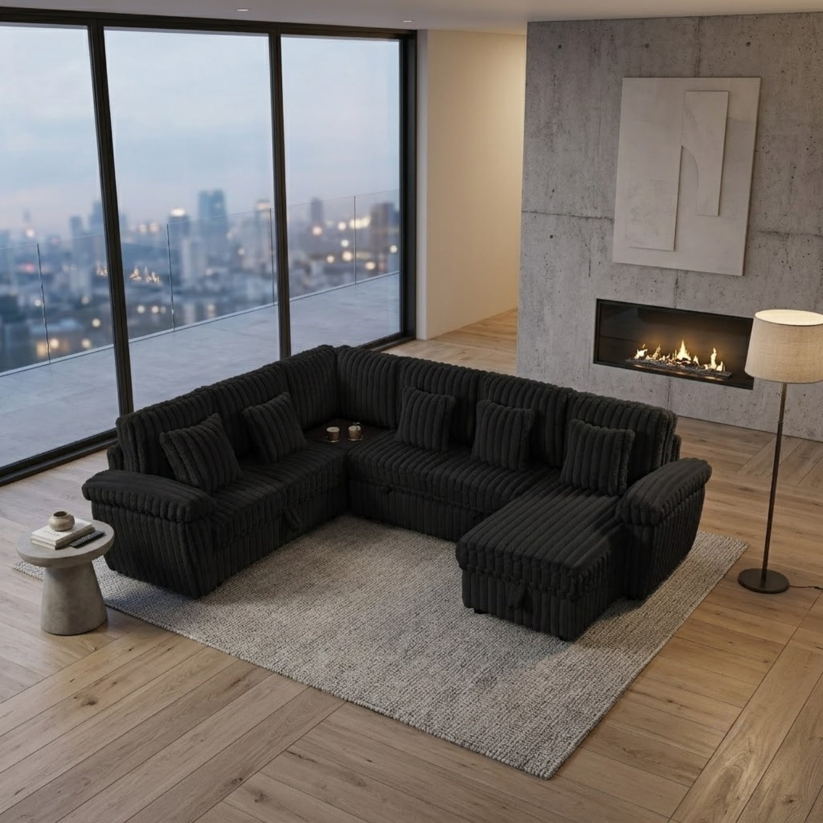 103" U-Shaped Corduroy Sectional Sofa with Pull-Out Sleeper Bed and Storage Chaise, Soft Plush Modular Sofa Couch with Corner Table with Cup Holders and USB Port for Living Room