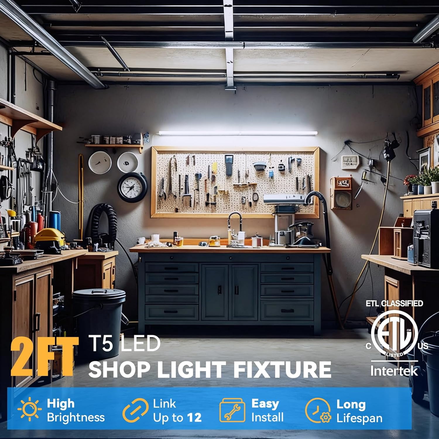 T5 LED Shop Light 2ft, Linkable Utility Light Fixture, 10W 6500K Super Bright White, 6-Pack