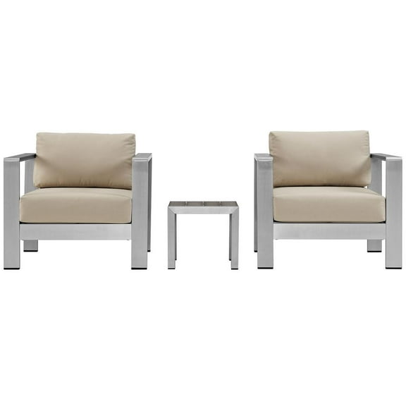 Modway Shore 3 Piece Outdoor Patio Aluminum Set in Silver Beige