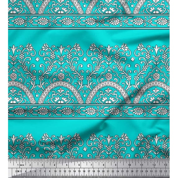 Soimoi Rayon Fabric Leaves & Floral Block Printed Fabric 1 Yard 42 Inch Wide