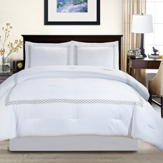 Layla Microfiber Down Alternative Embroidered Comforter with Pillow Sham Set Grey / King/Cal King