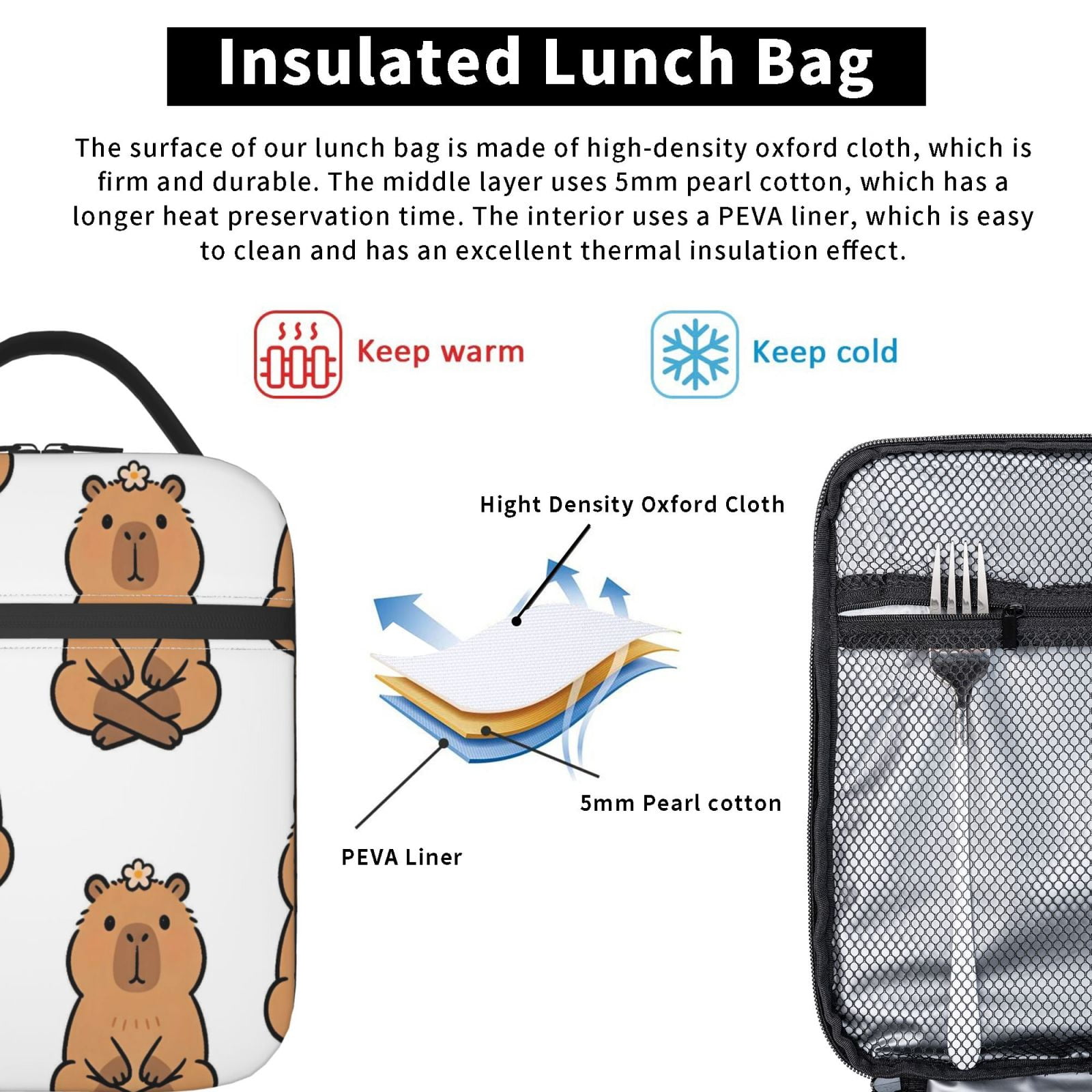 Lunch Bag For Women Men Insulated Portable Lunch Box Bento Box Office Picnic Travel Cooler Bag Cartoon Capybara (6)