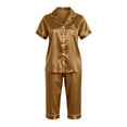 thumbnail image 6 of XUNKUSGA Women's Satin Pajama Sets 2 Piece Capri Pajamas Short Sleeve Lapel Button Down Shirts Silk Pjs Lightweight Breathable Casual Pajamas for Women Set Brown S, 6 of 8