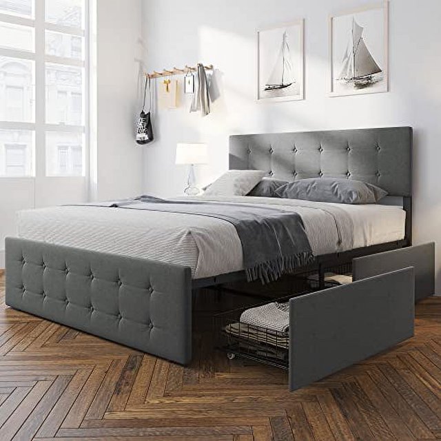 Bed Frame with Storage, Bed Framewith 4 Storage Drawers and Adjustable Lined Headboard, Fully Upholstered Mattress Foundation, No Box Spring Needed,Easy Assembly