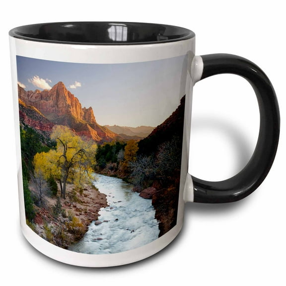 3drose, Zion National Park, Virgin River and the Watchman., 11oz Two-tone Black Mug