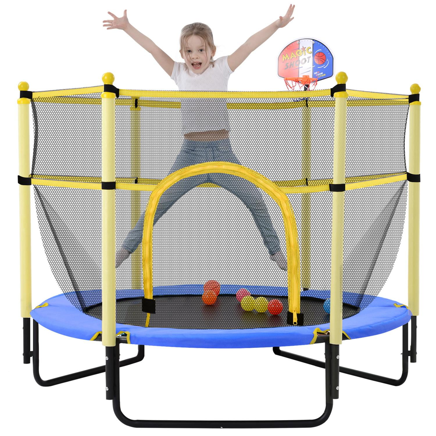 60 Trampoline for Kids Mini Baby Toddler Trampoline with Basketball Hoop 5FT Indoor Outdoor Trampoline with Enclosure Net Recreational Trampolines Birthday Gifts for Children. 