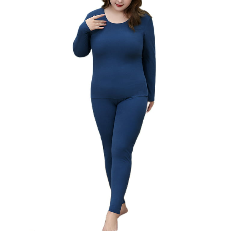 Jusddie Ladies Top And Bottom Suits 2 Pieces Warm Thermal Underwear Solid  Color Base Layer Long Johns Set Sleeve Winter Lake Blue 6XL 