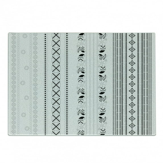 Folk Cutting Board, Vertical Stripes with Geometric Floral Old Fashioned Motifs Eastern Inspired Design, Decorative Tempered Glass Cutting and Serving Board, Small Size, White Black, by Ambesonne
