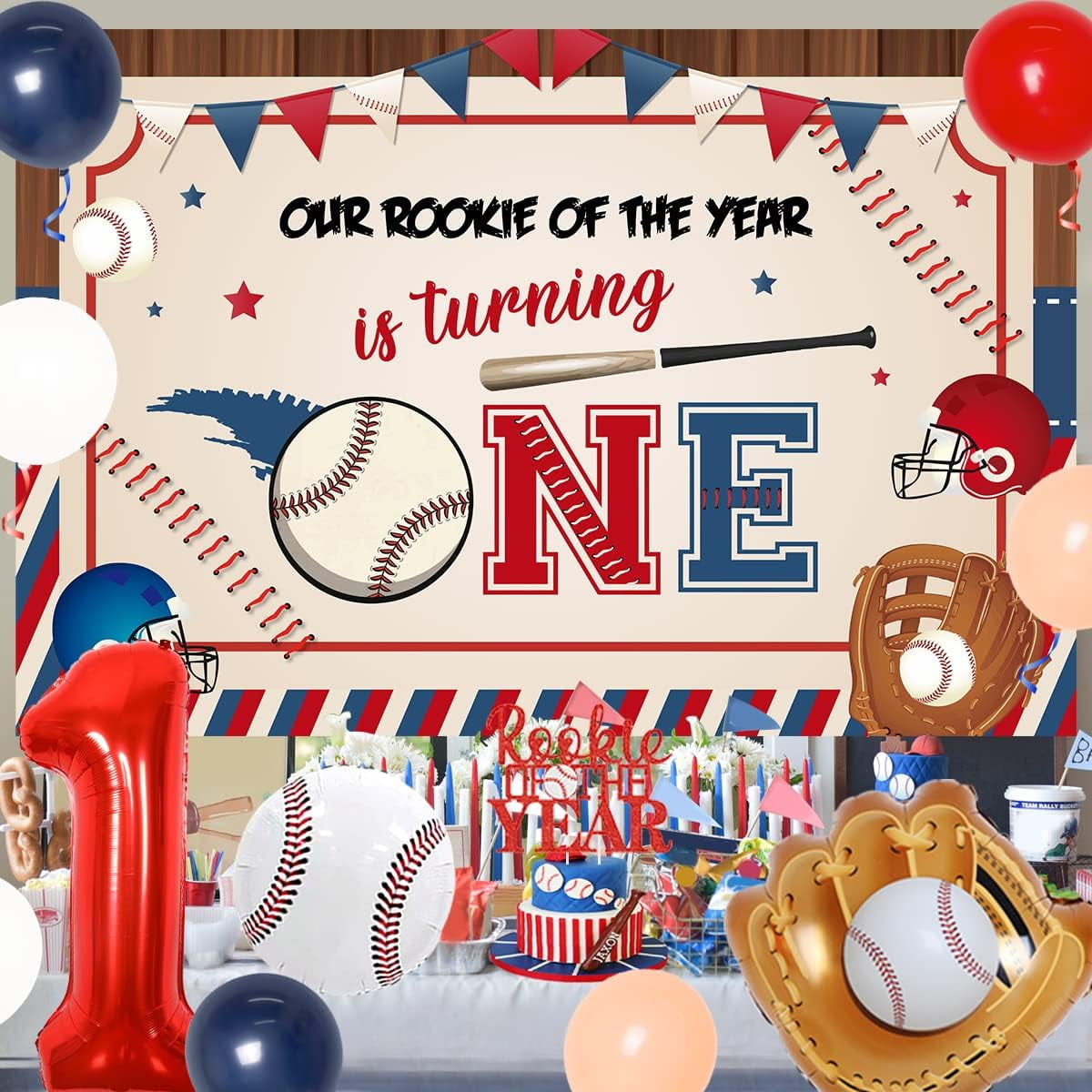 TONIFUL 1st Birthday Baseball Decoration ONE Boxes with Baseball  Balloons,Rookie of The Year 1st Birthday Decorations,One Year Old Birthday  Decoration