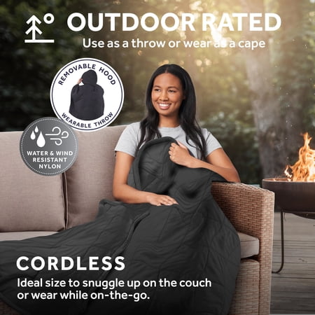 SUNBEAM ON-THE-GO CORDLESS HEATED THROW BLANKET WITH HOOD GRAY NYLON/MICROPLUSH 50X66