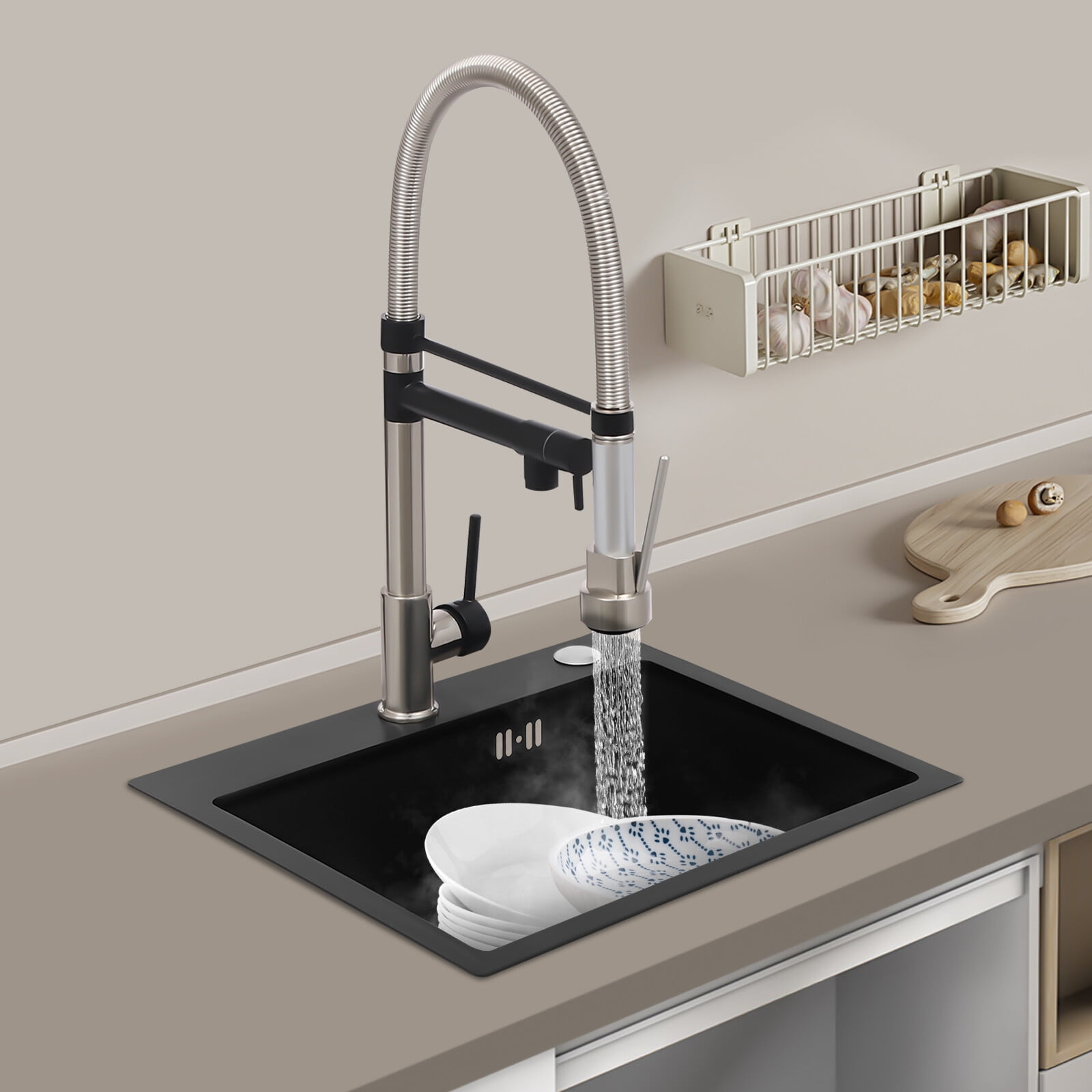 Kitchen Sink Single Handle Stainless Steel Faucet with Pull Down Sprayer(Brushed Black)