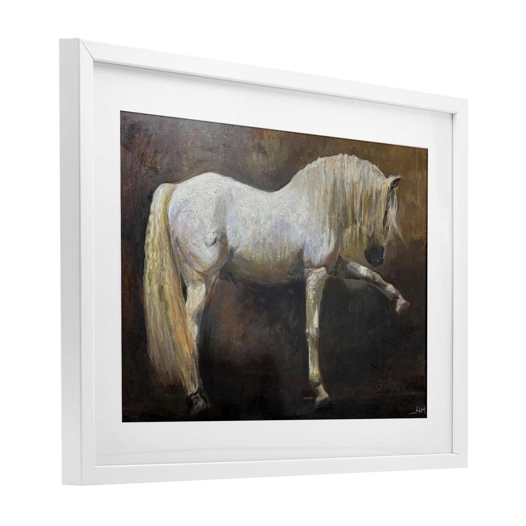 Stupell Industries Elegant White Stallion in Motion White Framed Print Under Glass, design by Hilary McCarthy