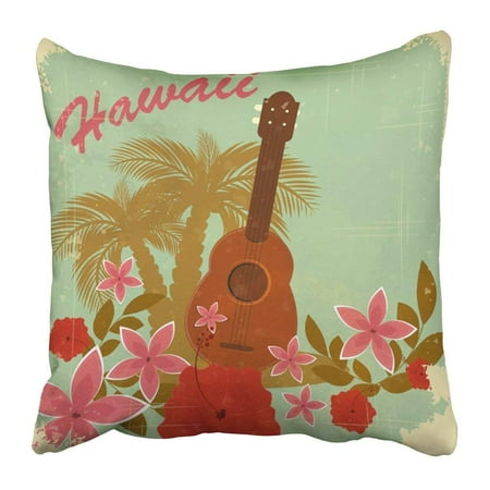 Hawaiian Flower Print ARTJIA Brown Hawaii Vintage Hawaiian to Beach Party Green Flower Ukulele Retro Tropical Hibiscus Music Pillowcase Pillow Cover 18x18 inches ()