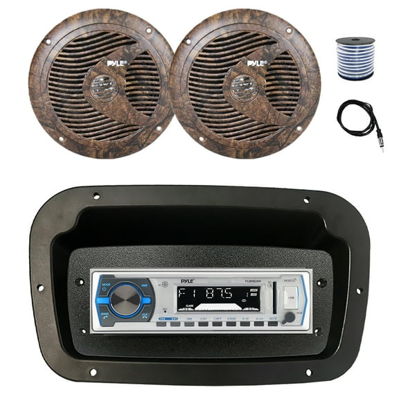 Pyle PLMRB29W Single DIN Bluetooth Marine MP3 Stereo Receiver, Spa bezel, Adapter Plate, 22" Radio Antenna, Wire, 2x 6.5" 150 Watt Max Full Range Dual Cone Waterproof Stereo Speakers (Camo)