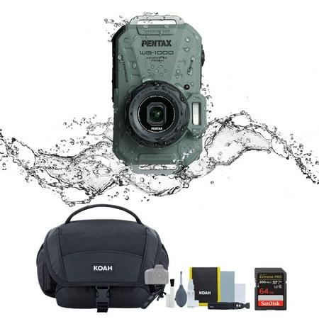 Pentax WG-1000 All-Weather Compact Camera with 4x Optical Zoom and 20 Color Modes (Olive) Bundle with Gadget Bag with Accessory and Cleaning Kit and 64GB SDXC UHS-I Memory Card (3 Items)