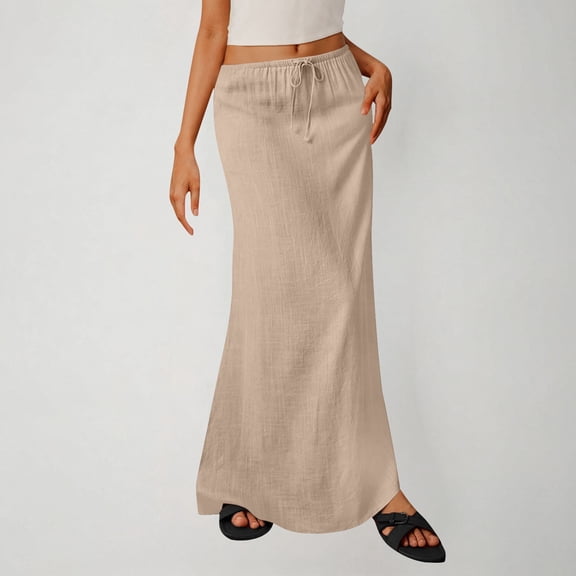 Xdegoge Long Flowy Skirt for Women High Waisted Hippie Drawstring Elastic Waist Casual Beach Vacation Summer A Line Basic Solid Boho Skirt Maxi Skirt