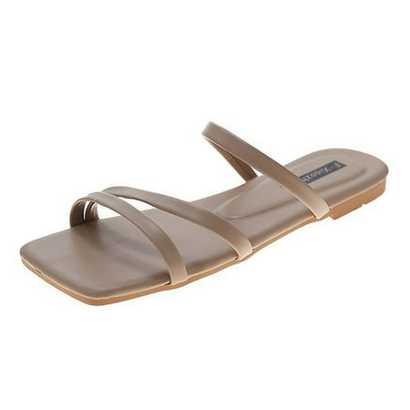 

Summer Slippers For Women Square Head Pullover Flat Bottom Thin Belt Roman Sandal