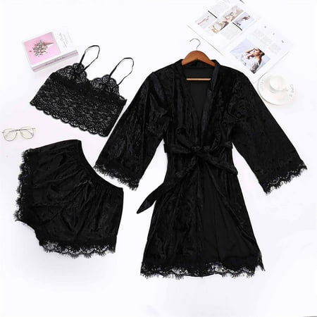 

Cuoff Women s Fashion Casual Sexy Black Lace Three Piece Sexy Home Pajama Set