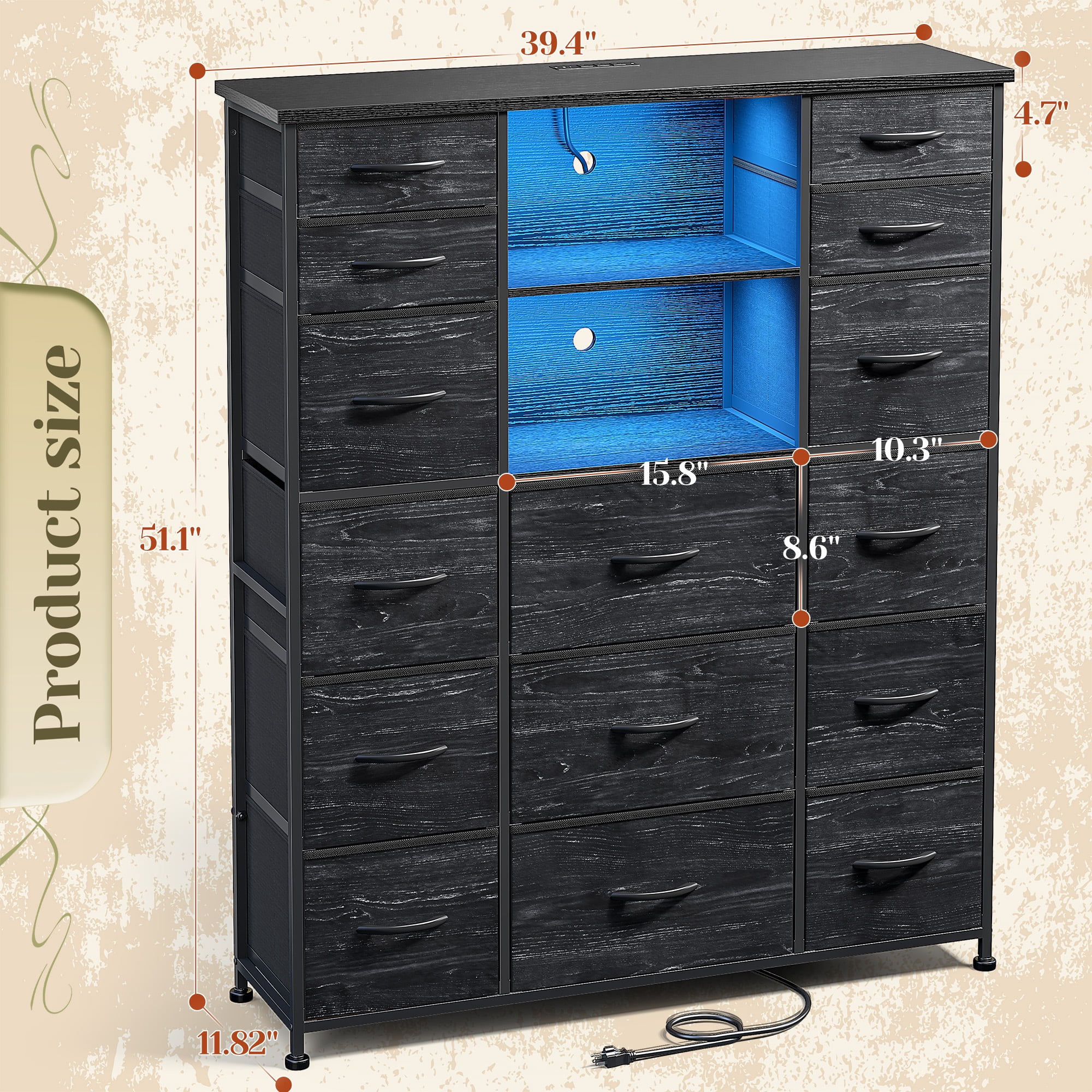 Romorgniz 51" H Dresser with 15 Fabric Drawers Tall Dresser for Bedroom with Charging Station & LED Lights, Black