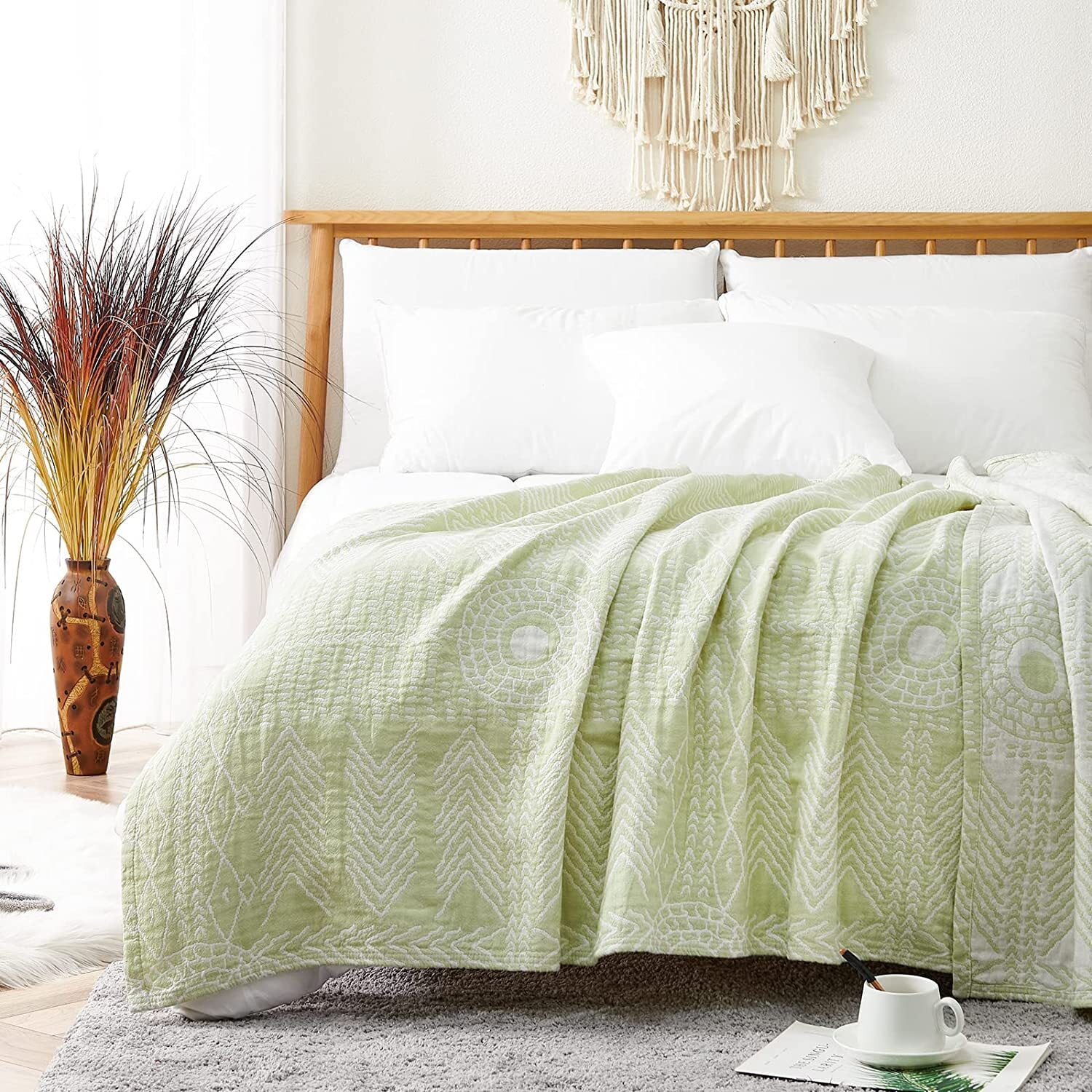 Lazzzy Boho Throw Blanket Sage Green Summer Blanket Twin Size Geometric