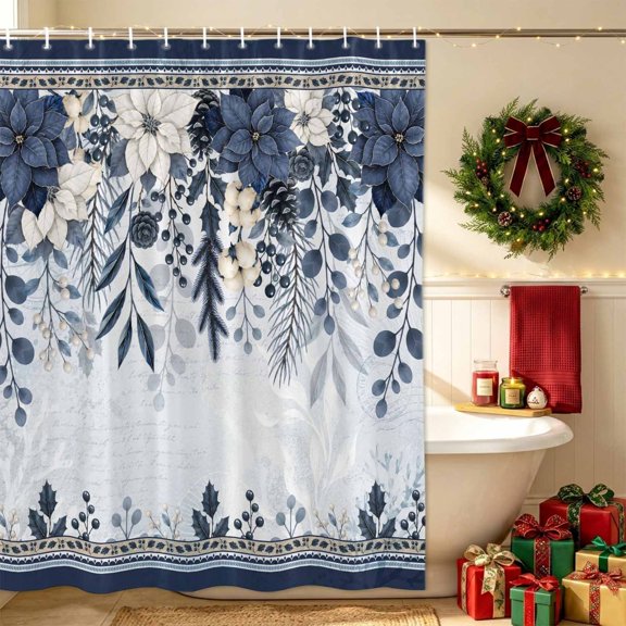 Navy Blue White Floral Bathroom Shower Curtain, Cottagecore Flower Striped Border Waterproof Washable Soft Bath Curtain for Bathtub Decor with 12 Hooks&Grommet, 36x72in