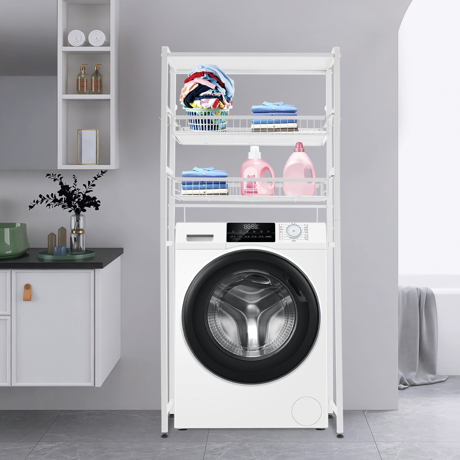 White Washer Dryer Stacking Rack Stand, Dryer Storage Shelf with 3 Tiered Shelf, Space Saver Shelving Units Freestanding Closet Organizer Storage with Hooks