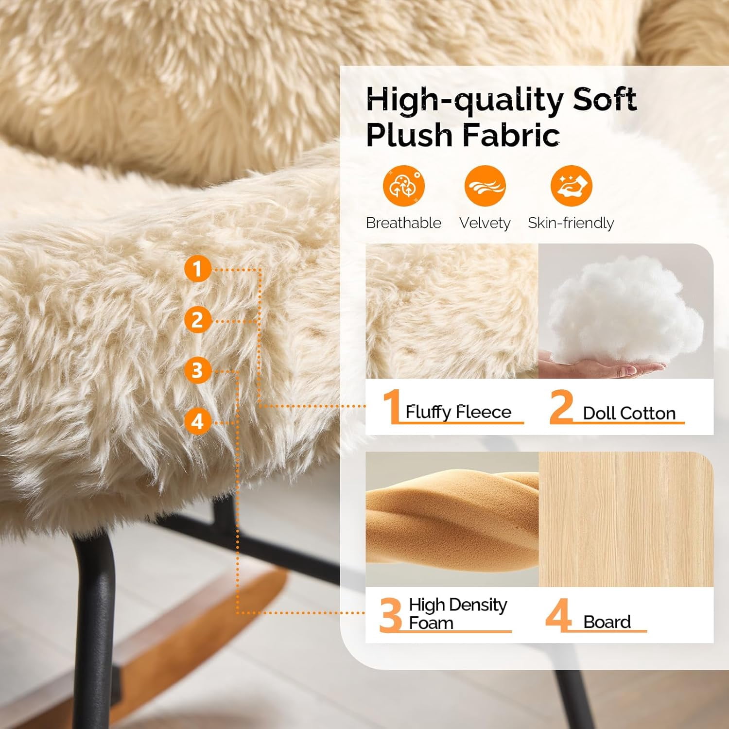 CHTER 25.6" Extra Wide Criss Cross Nursery Rocking Chair,Cute Curved 115° Reclining Armless Glider,Plush Small Rocker w/Pillow & Solid Wood for Indoor,Bedroom, Living Room,Fluffy Fleece,Sandy Beige