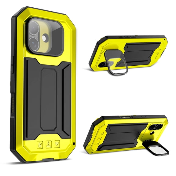 Dteck for iPhone 17 Case, Military-Grade Drop Protection Metal Silicone Heavy Duty Case with Screen Protector Tempered Glass, Camera Control Button Rugged Tough Shell with Stash Stand,Yellow
