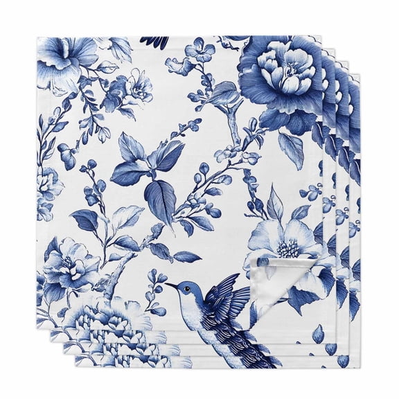 White Blue Spring Floral Cloth Napkins, Summer Botanical Hummingbird Washable and Reusable Dinner Napkins Set of 4, Table Napkin for Kitchen Party Birthday Wedding Hotel Housewarming 20"x20"