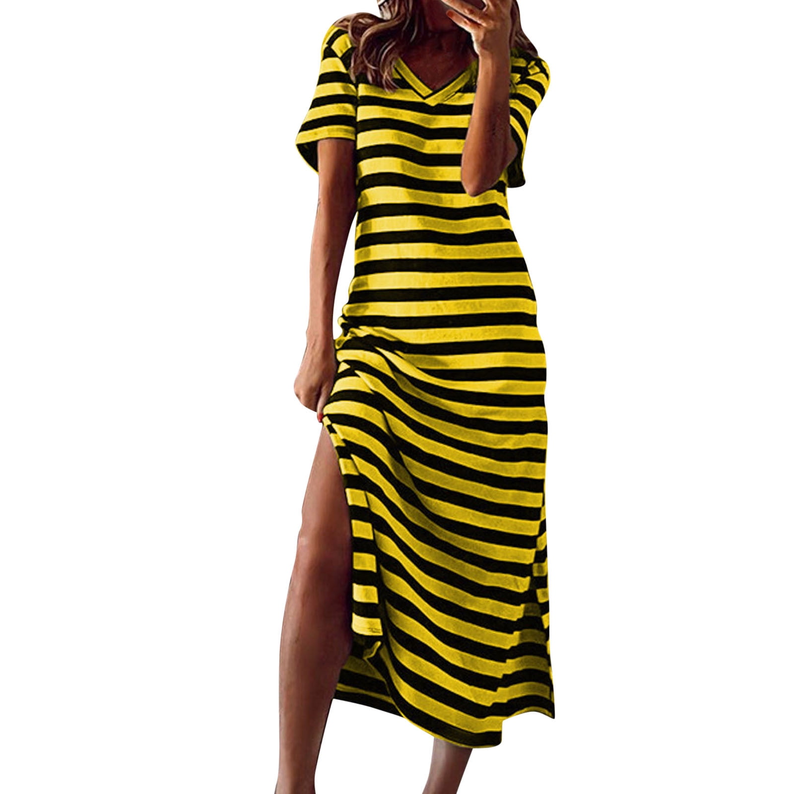 thumbnail image 2 of Women Casual Slim Black White Striped Maxi Dress Chiffon Sleeveless Halter Neck Elegant Dress 2 of 13