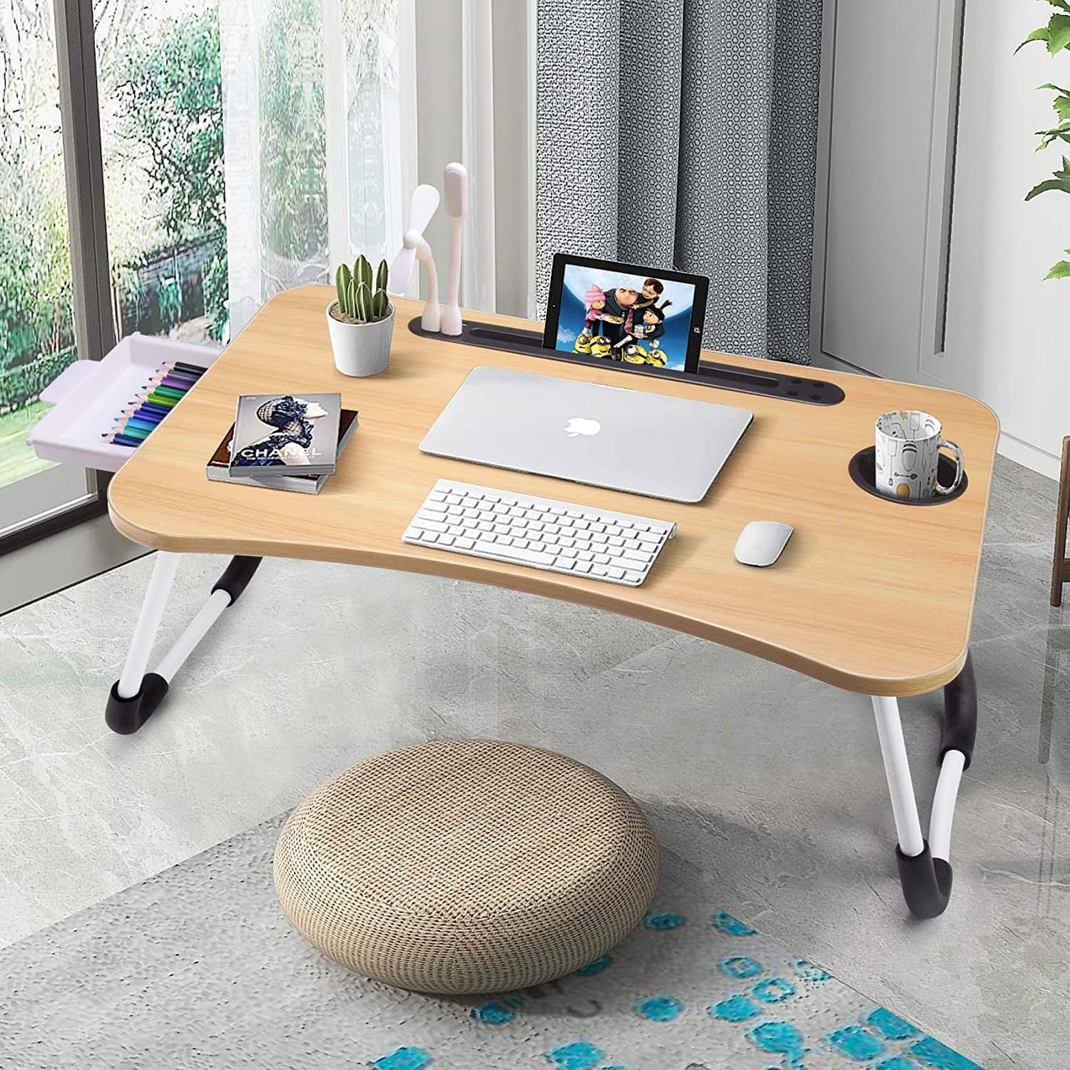 Lap Desk with Tablet Slot, Foldable Laptop Table with Storage Drawer for Bed，Portable Bed Desk for Laptop, Computer Tray with Cup Holder Notebook Stand Reading Holder for Couch Floor, Walnut