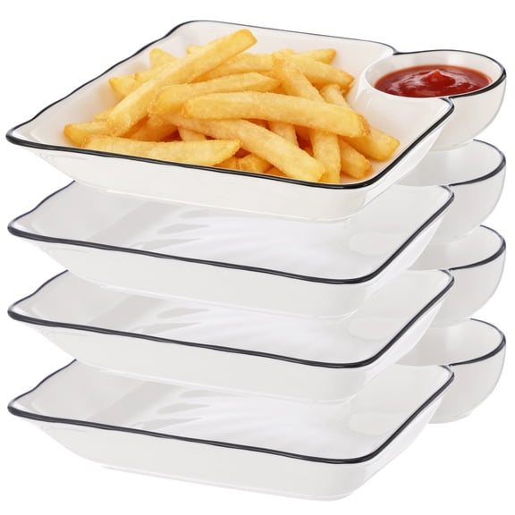 Chip and Dip Serving Platter Set, 4 Pcs Ceramic Divided Platters with Dip Compartment, White Square Appetizer Plates, Snack Serving Dishes for Fries, Sushi, Taco