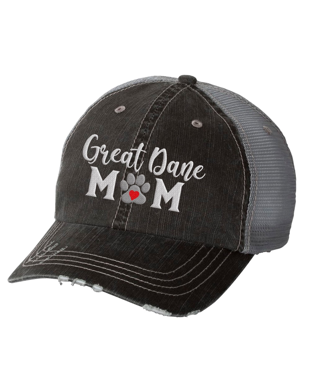 Women's Embroidered Dog Mom Distressed Baseball Cap, Black/Grey-Great Dane