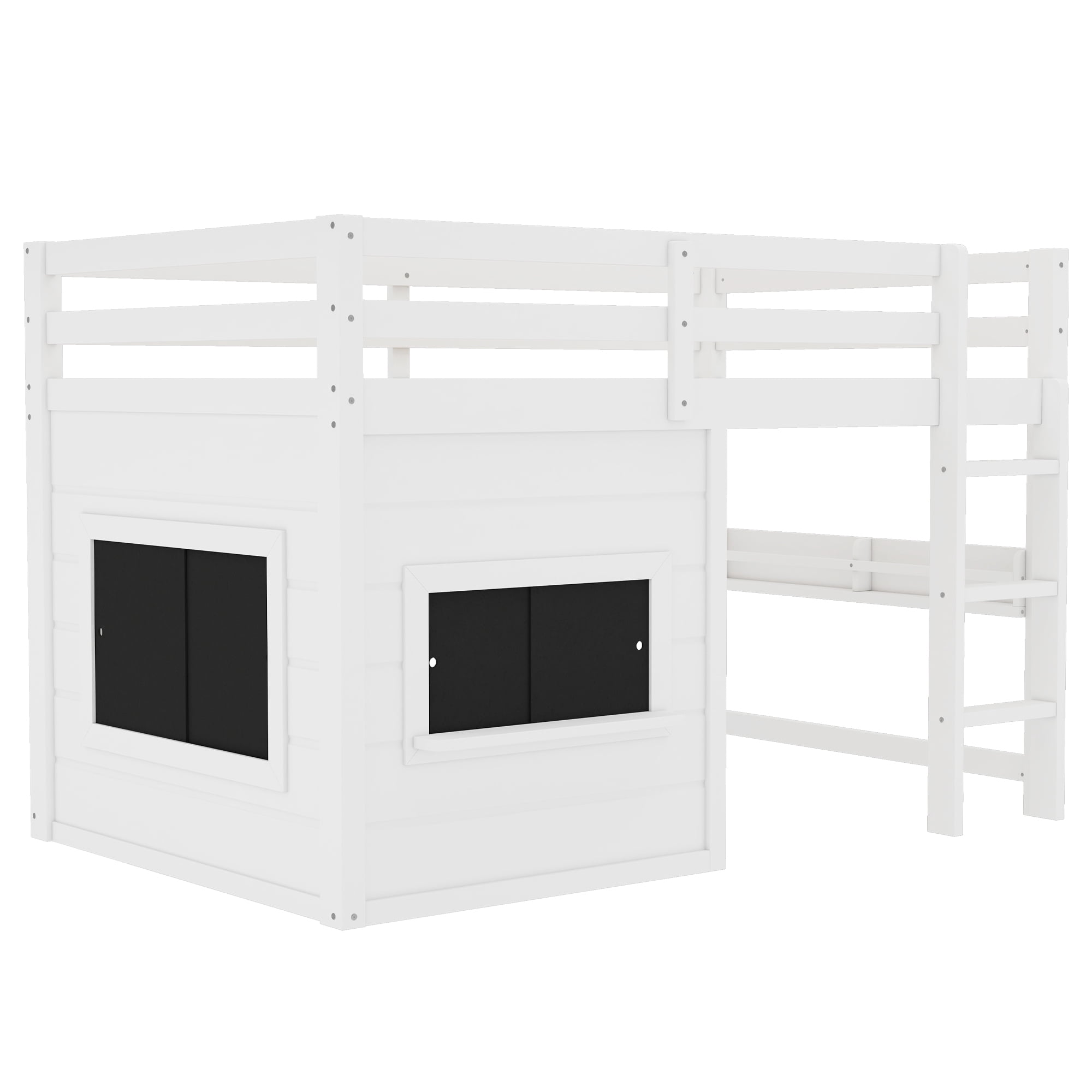 Leumius Twin Size Loft Bed with Storage Shelves,Solid Wood Low Loft Bed Frame with Chalkboard and Bookshelf,Space Saving,White