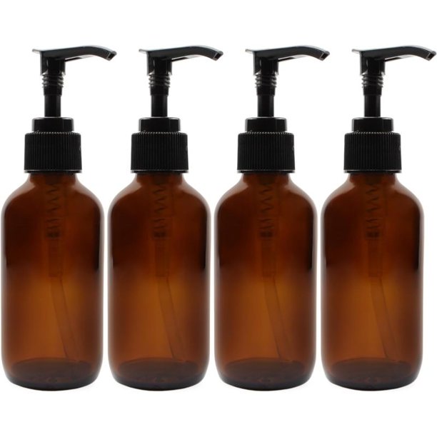 Botellas con dosificador de vidrio ámbar de 300 ml (paquete de 4); Ideal para lociones, jabón líquido, aromaterapia y más. Botella dividida.