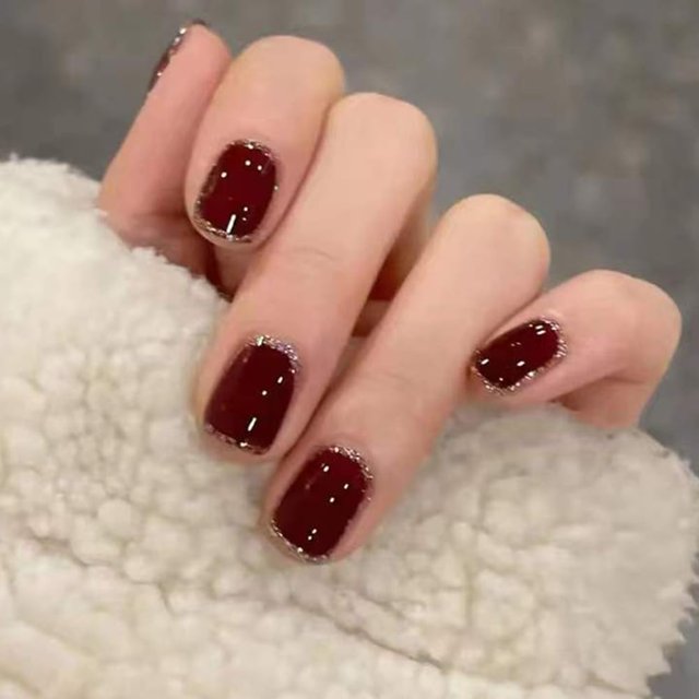 Press on Nails Short, Red Nails Press on Square Fake/False Nails with Glitter Powder French Press ons Designs Gloss Acrylic Artificial Nails Stick on Nails for Women 24pcs