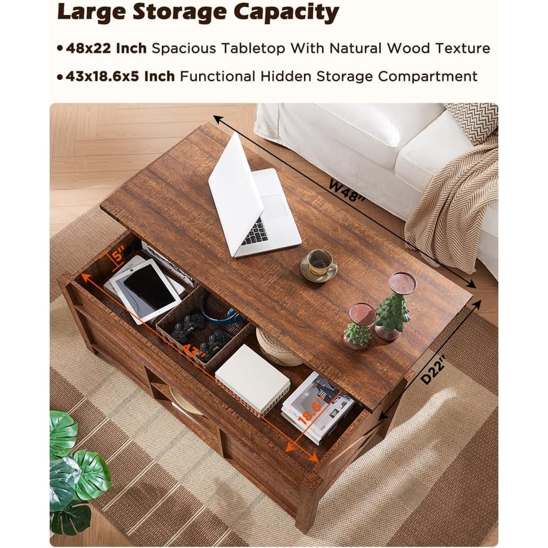 Extra Large Rustic Storage Table Adjustable Shelf Living Room Table OKD 48