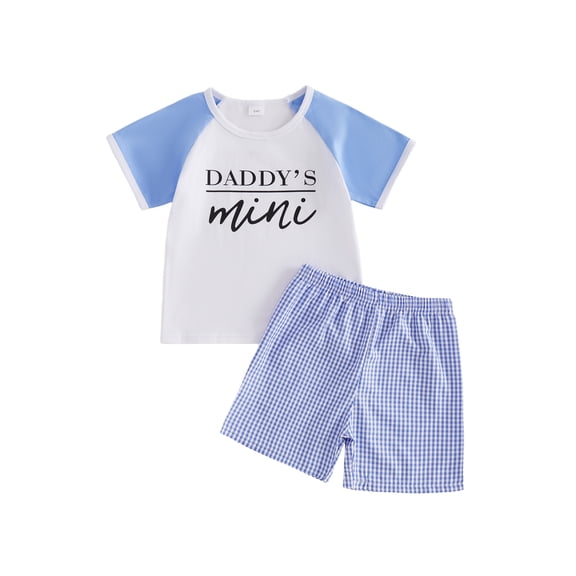 BemeyourBBs Toddler Baby Boy Summer Clothes Daddy's Mini Baby Boy Outfit Casual Letter Print Crew Neck Short Sleeve Tops and Plaid Shorts Set