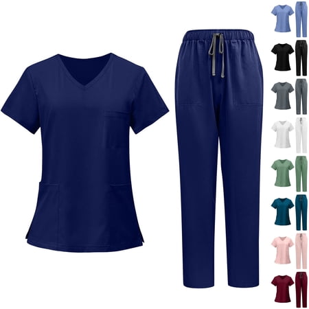 Minjewel Women s Contemporary V-Neck Short Sleeve Scrubs for Women with Pockets Comfortable & Functional Scrub Set for Healthcare Workers Dark Blue L