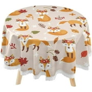 SKYSONIC Autumn Fox Pattern Round Tablecloth 60inch Indoor Wrinkle Free, Falling Leaves Circular Lace Table Cover Washable for Kitchen Party BBQ Dining Decor