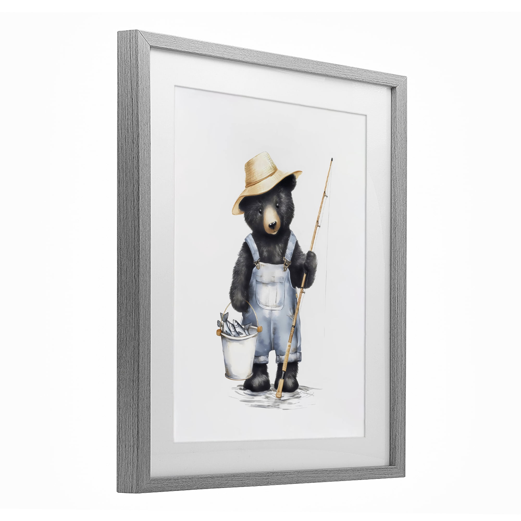 Stupell Industries Fishing Bear in Straw Hat Gray Framed Print Under Glass, design by Arlington Prints