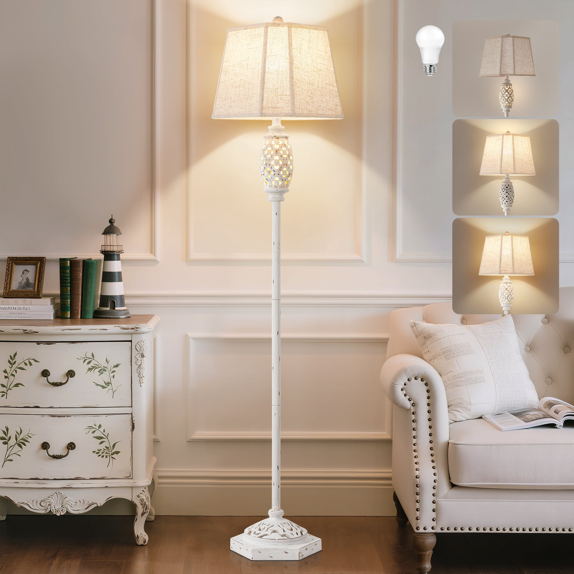 NATYSWAN Rustic Floor Lamp with Floral Cutouts & Light, Vintage Farmhouse Style Standing Lamp Resin Floor Lamps for Living Room, Bedroom,Study (Bulb Included)