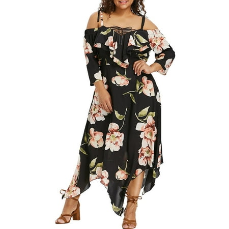 Outtop Fashion Women Off Shoulder Plus Size Lace Up Maxi Flowing Floral Print Dress