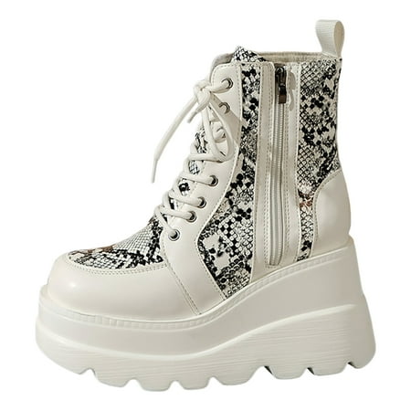 OJSFQUFP Winter Womens Boots 2024 Women s Autumn/Winter New Thick Bottom Lace Up Short Boots Work Shoes Women Business Casual Gothic Shoes White 40