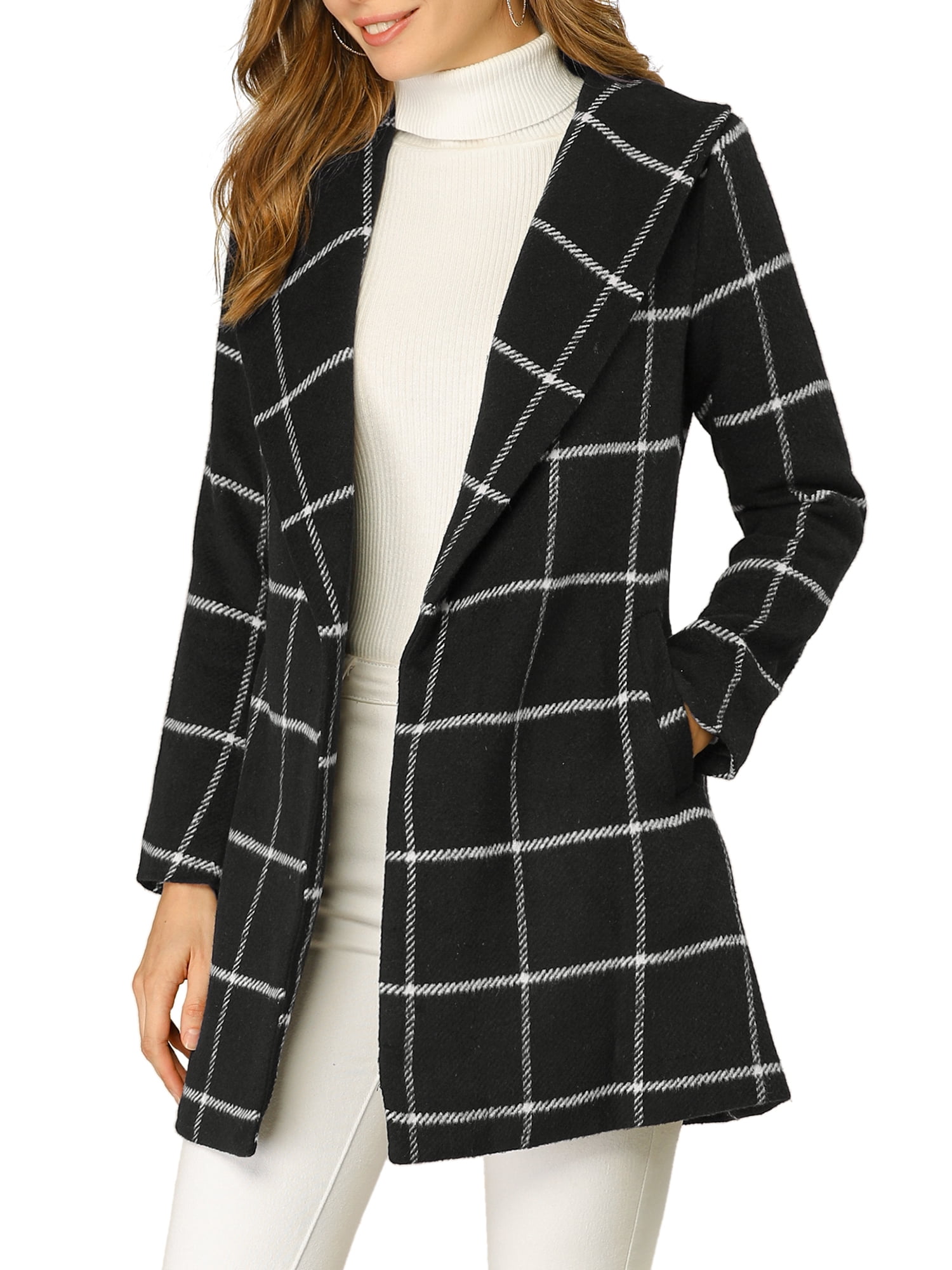 Unique Bargains Women's Winter Plaid Belted Shawl Collar Check Wrap